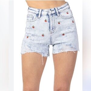 Judy Blue Distressed Cutoff Denim Shorts with Cherry Embroidery M